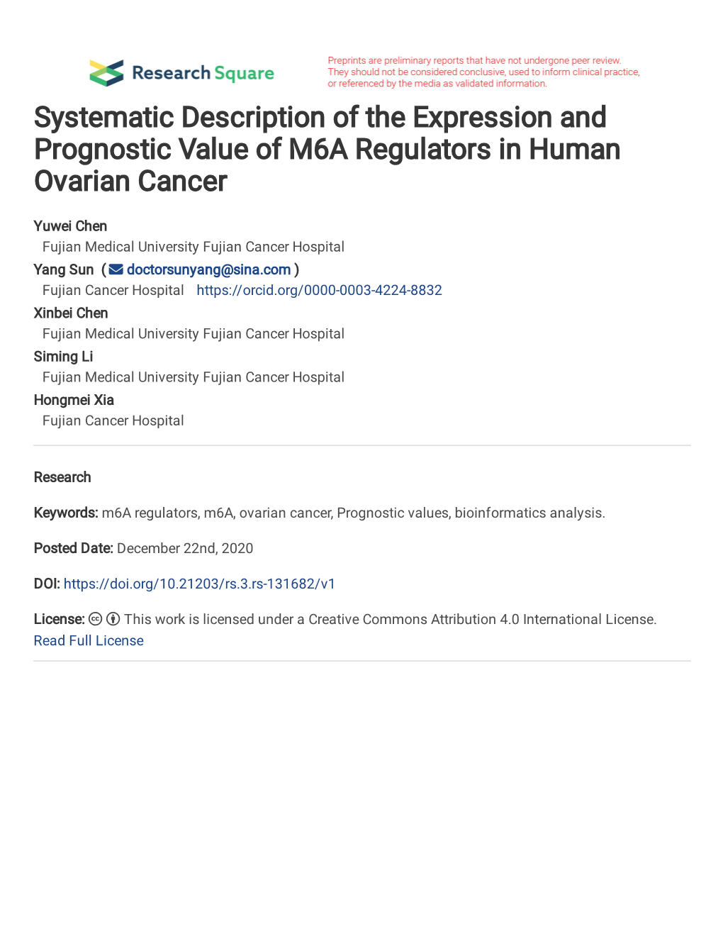 Systematic Description of the Expression and Prognostic Value of M6A Regulators in Human Ovarian Cancer
