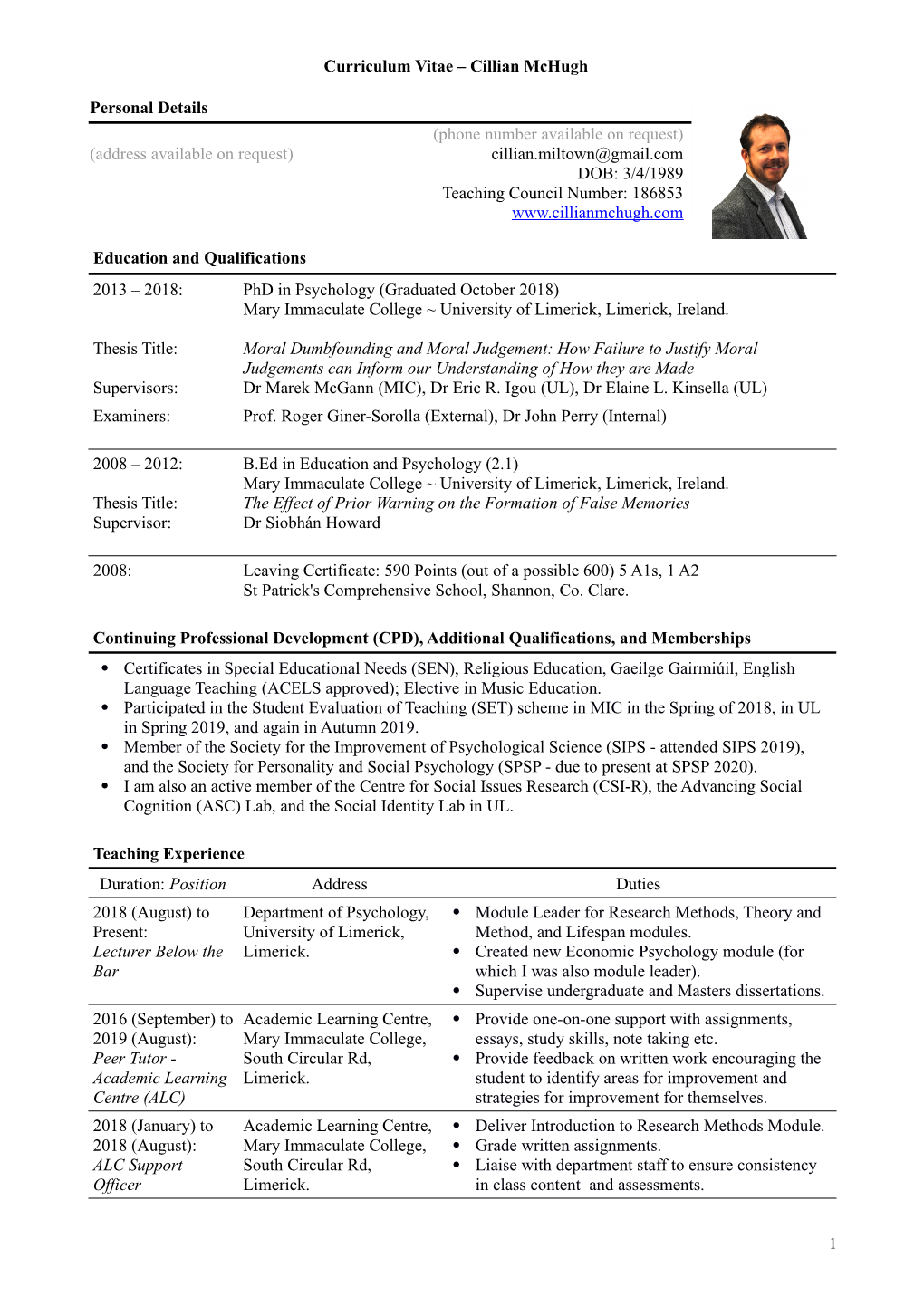 Curriculum Vitae – Cillian Mchugh Personal Details (Address Available on Request) (Phone Number Available on Request) Cillian