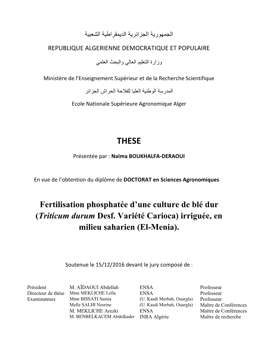 Fertilisation Phosphatée D'une Culture De Blé Dur (Triticum Durum Desf