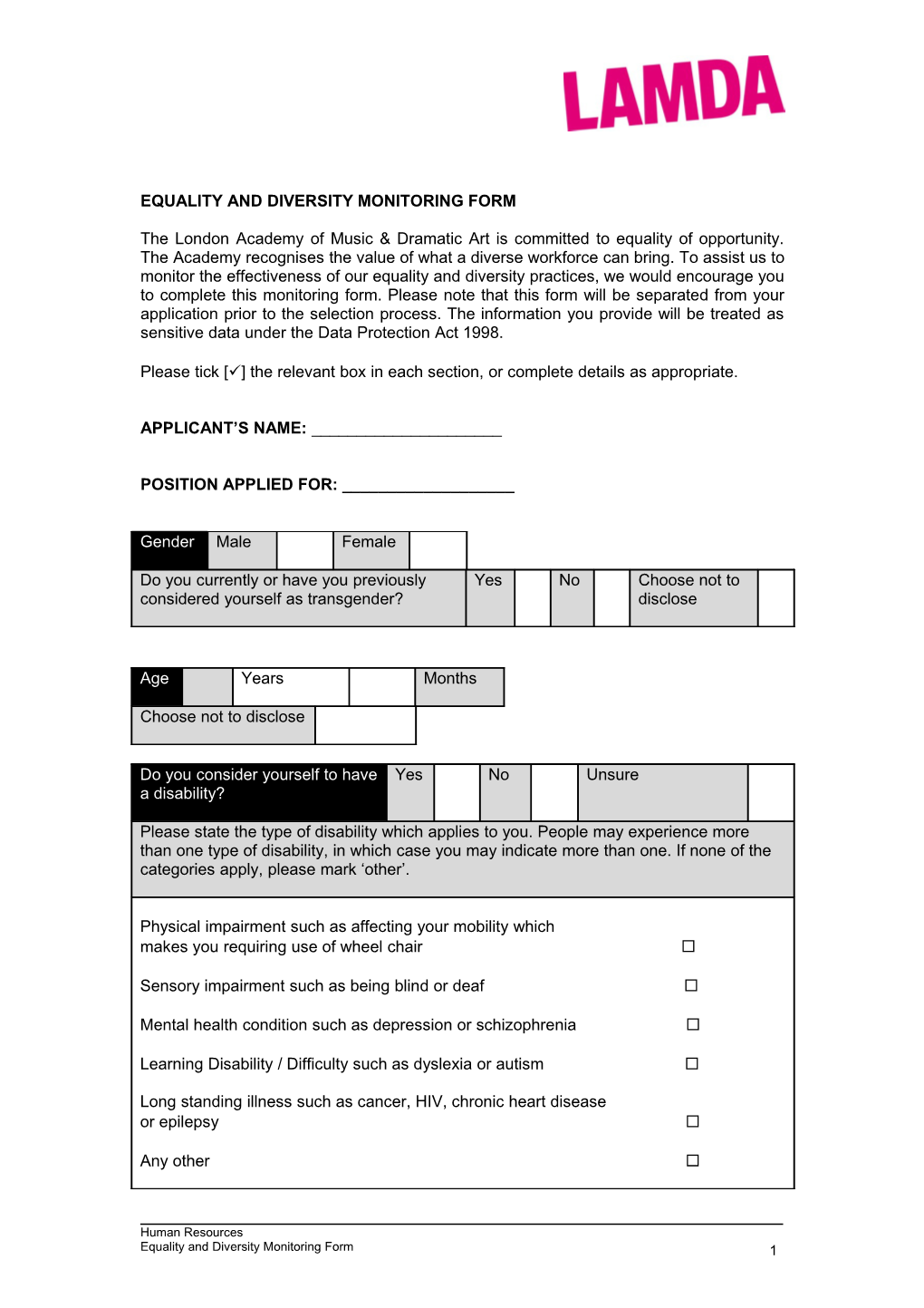 Equality and Diversity Monitoring Form s3