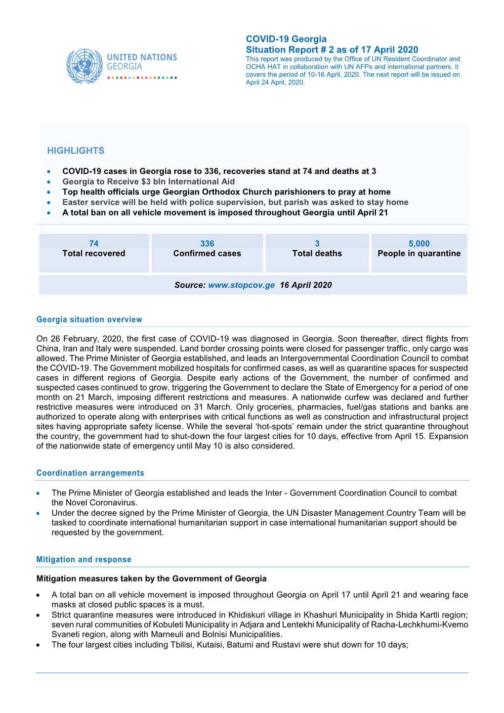 COVID-19 Georgia Situation Report # 2 As of 17 April 2020 HIGHLIGHTS