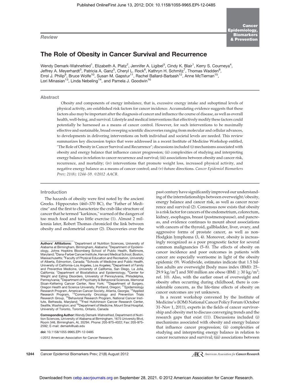 The Role of Obesity in Cancer Survival and Recurrence