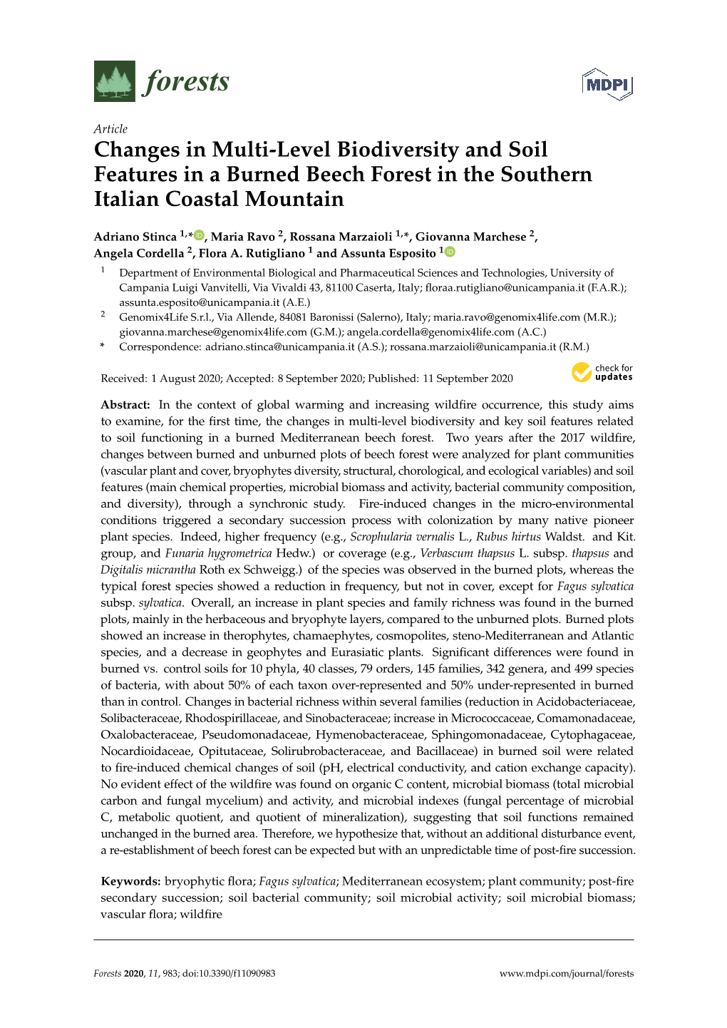 Changes in Multi-Level Biodiversity and Soil Features in a Burned Beech Forest in the Southern Italian Coastal Mountain