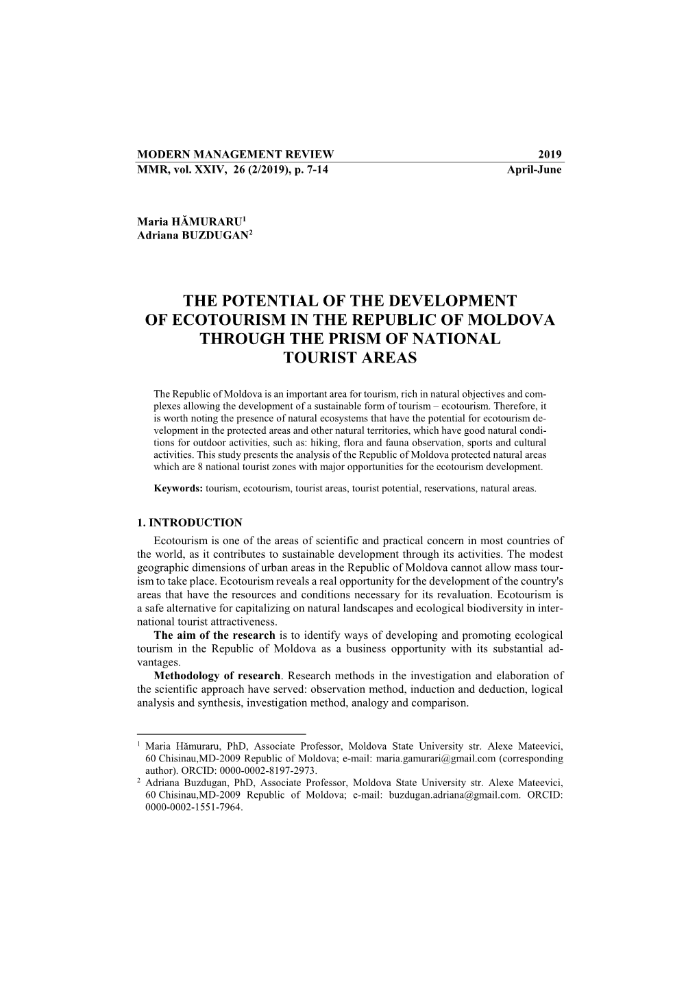 The Potential of the Development of Ecotourism in the Republic of Moldova Through the Prism of National Tourist Areas