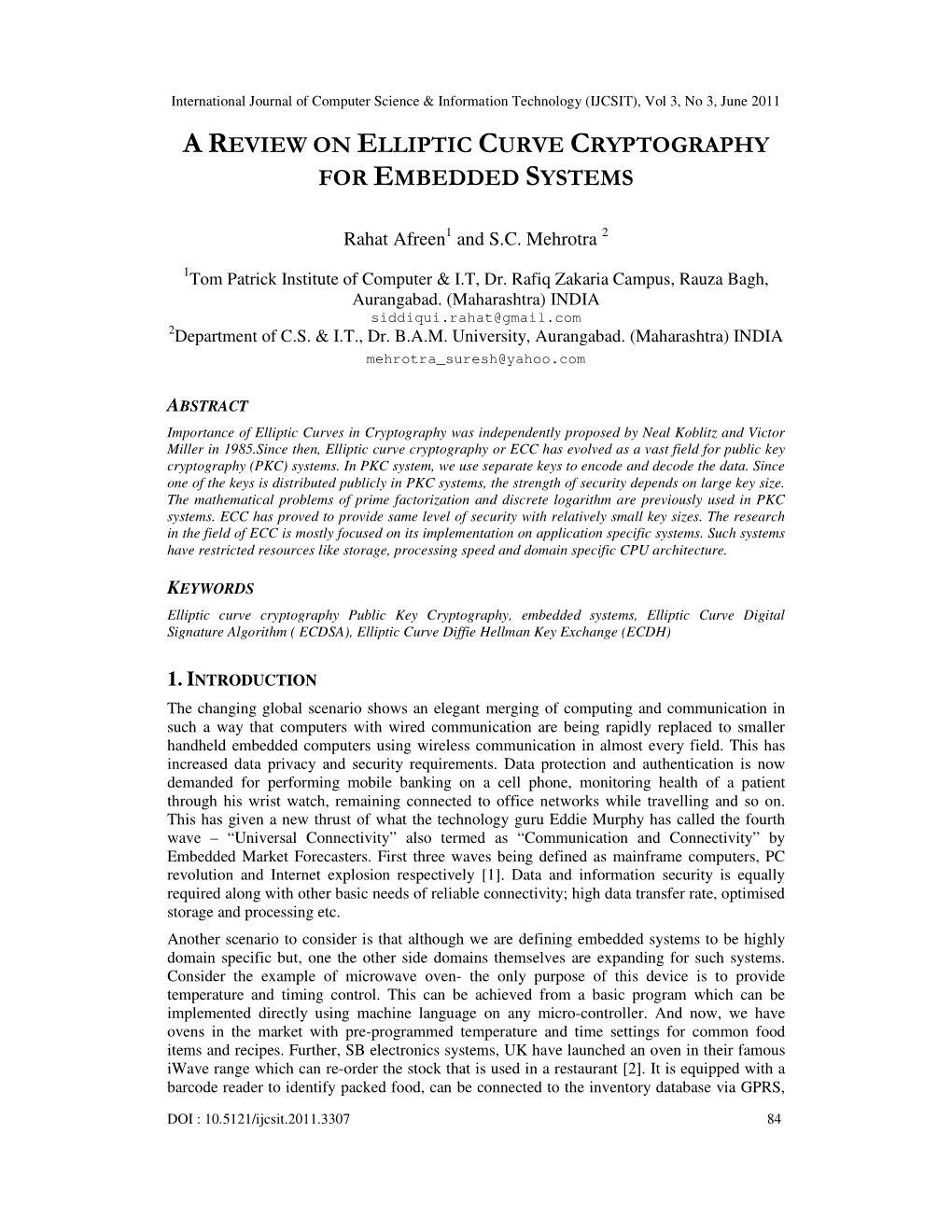 A Review on Elliptic Curve Cryptography for Embedded Systems