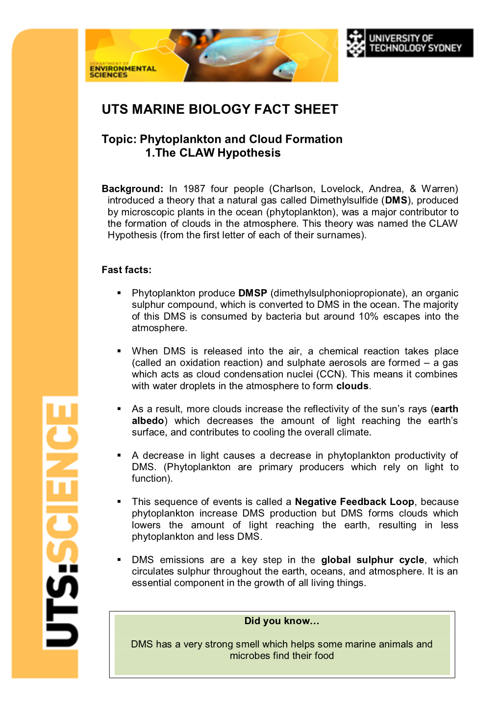 Uts Marine Biology Fact Sheet