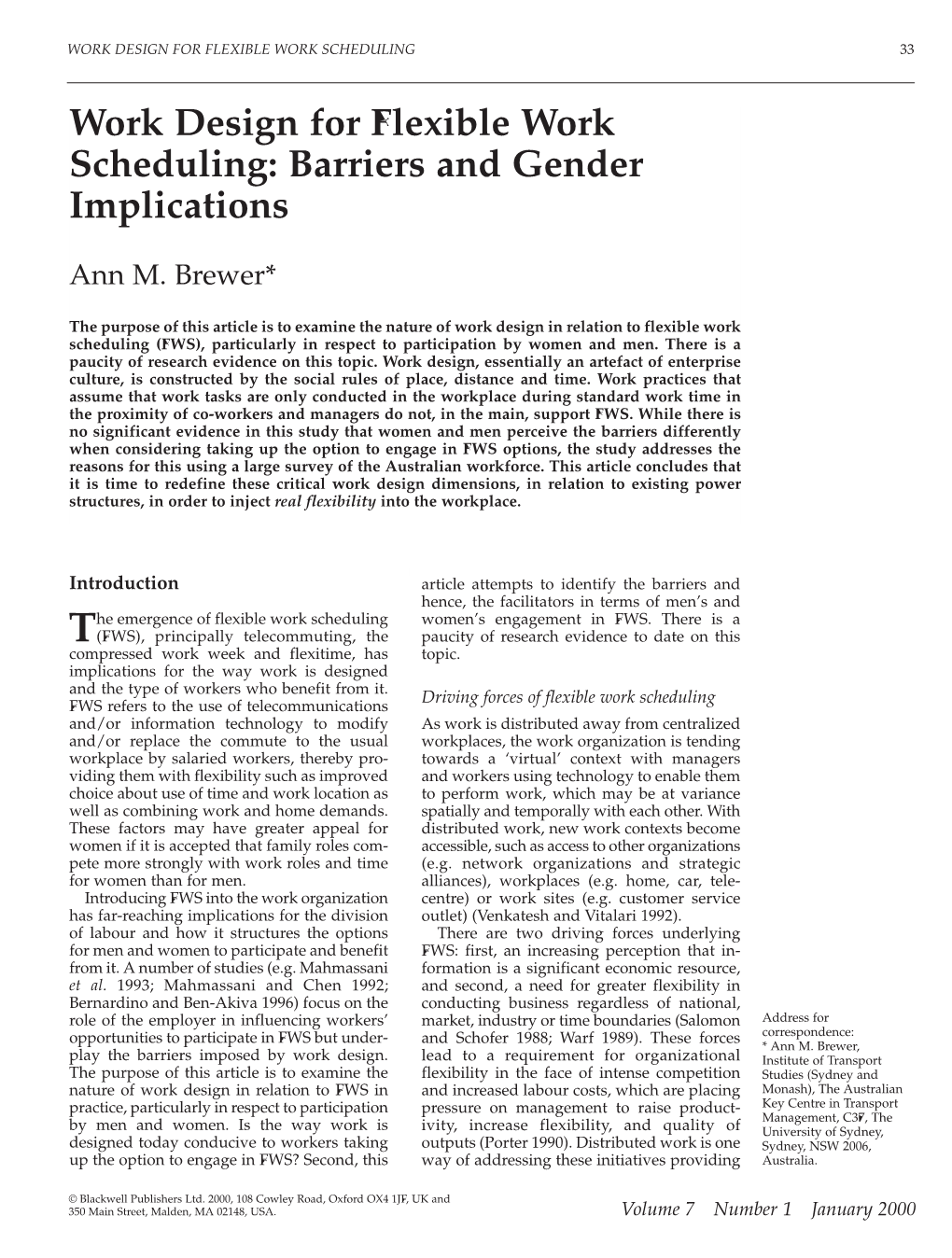Work Design for Flexible Work Scheduling: Barriers and Gender Implications