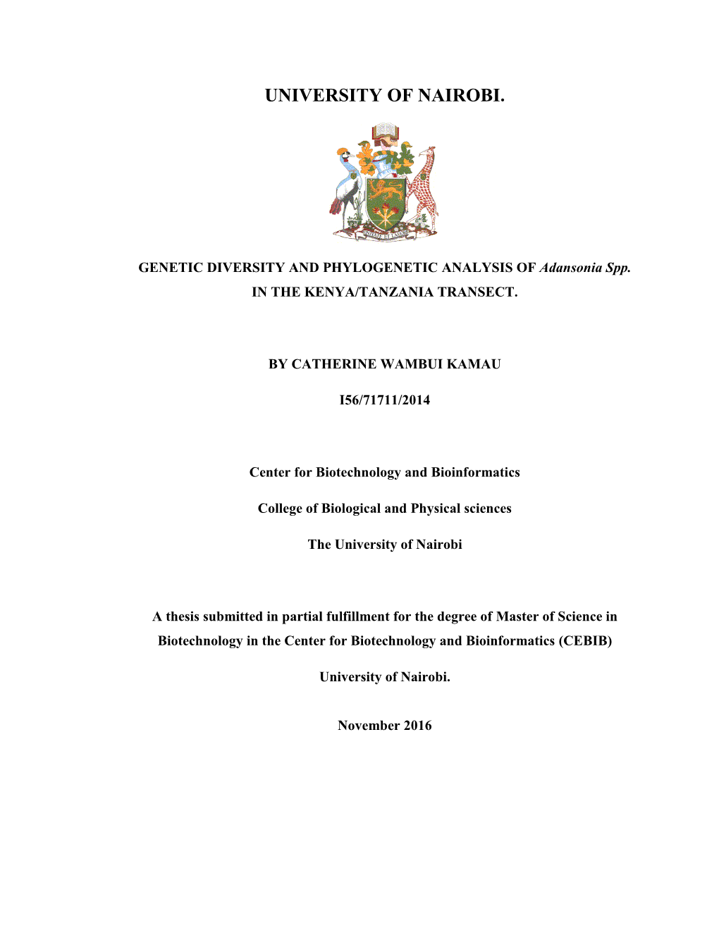 GENETIC DIVERSITY and PHYLOGENETIC ANALYSIS of Adansonia Spp. in the KENYA/TANZANIA TRANSECT