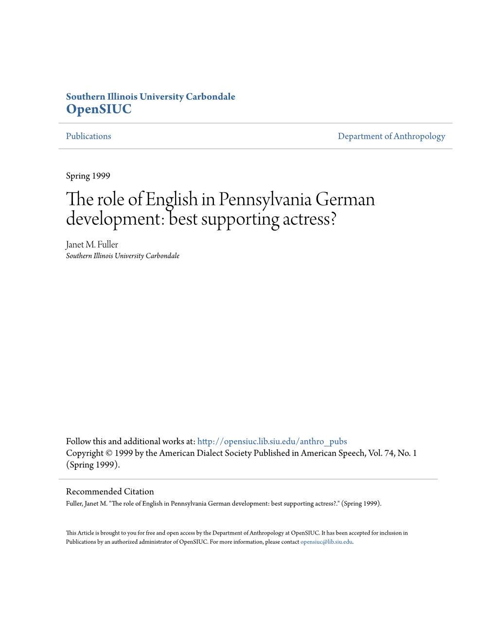 The Role of English in Pennsylvania German Development