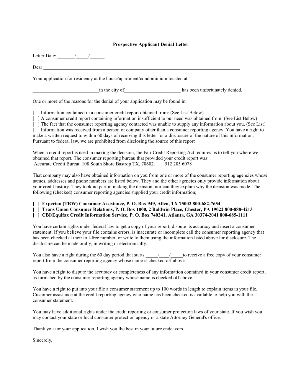 Prospective Applicant Denial Letter