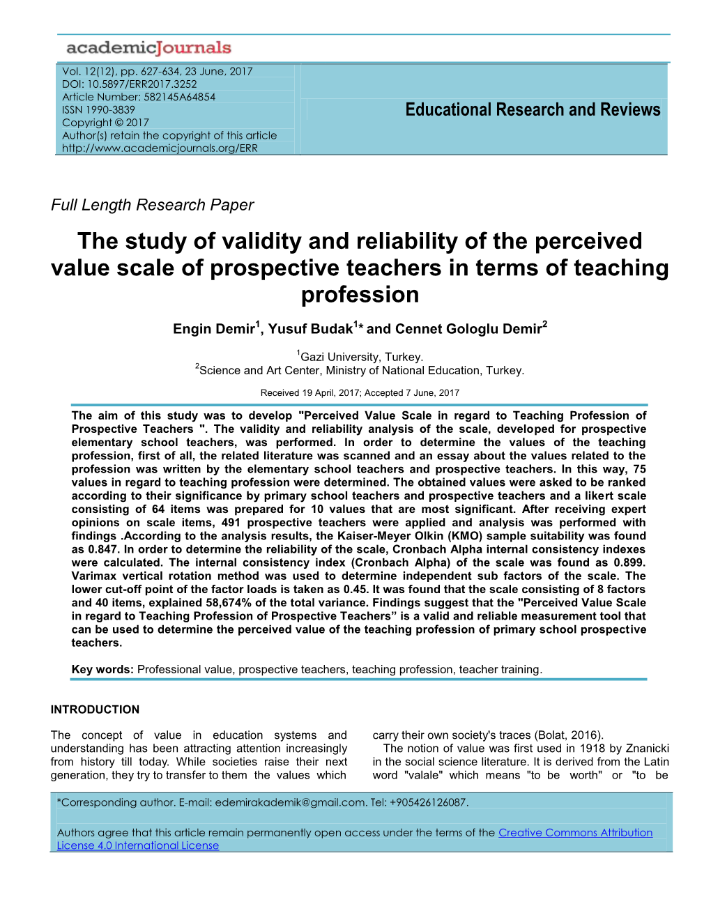 The Study of Validity and Reliability of the Perceived Value Scale of Prospective Teachers in Terms of Teaching Profession