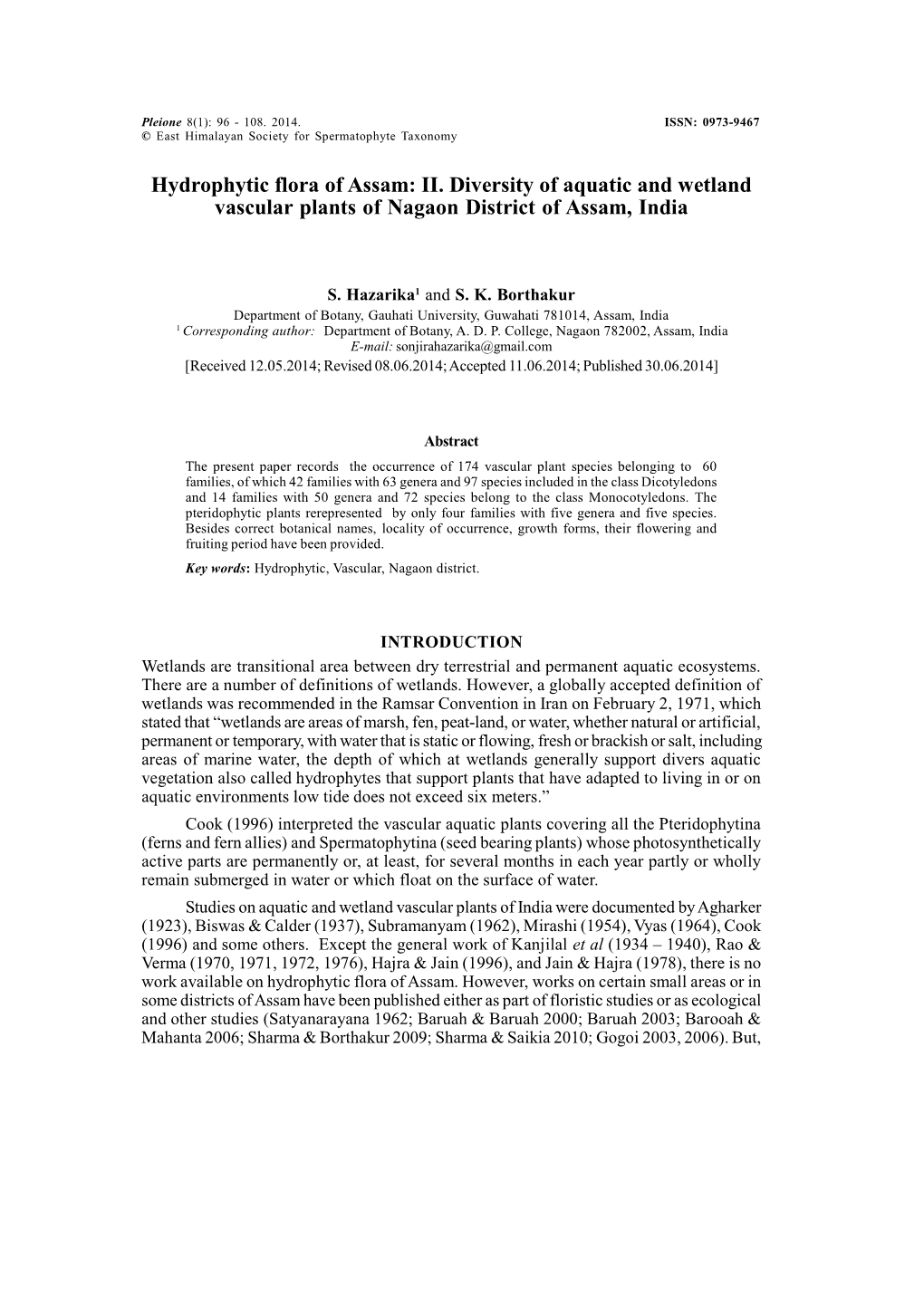 Hydrophytic Flora of Assam: II. Diversity of Aquatic and Wetland Vascular Plants of Nagaon District of Assam, India