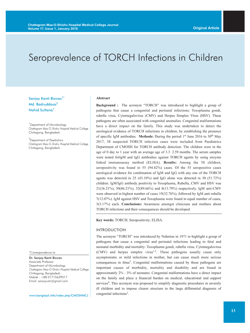 Seroprevalence of TORCH Infections in Children