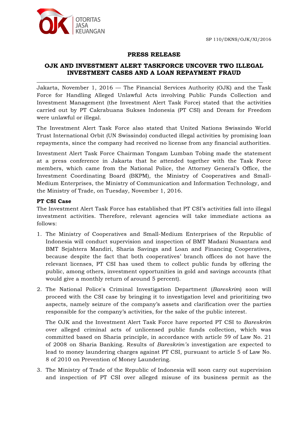 Press Release Ojk and Investment Alert Taskforce Uncover Two Illegal