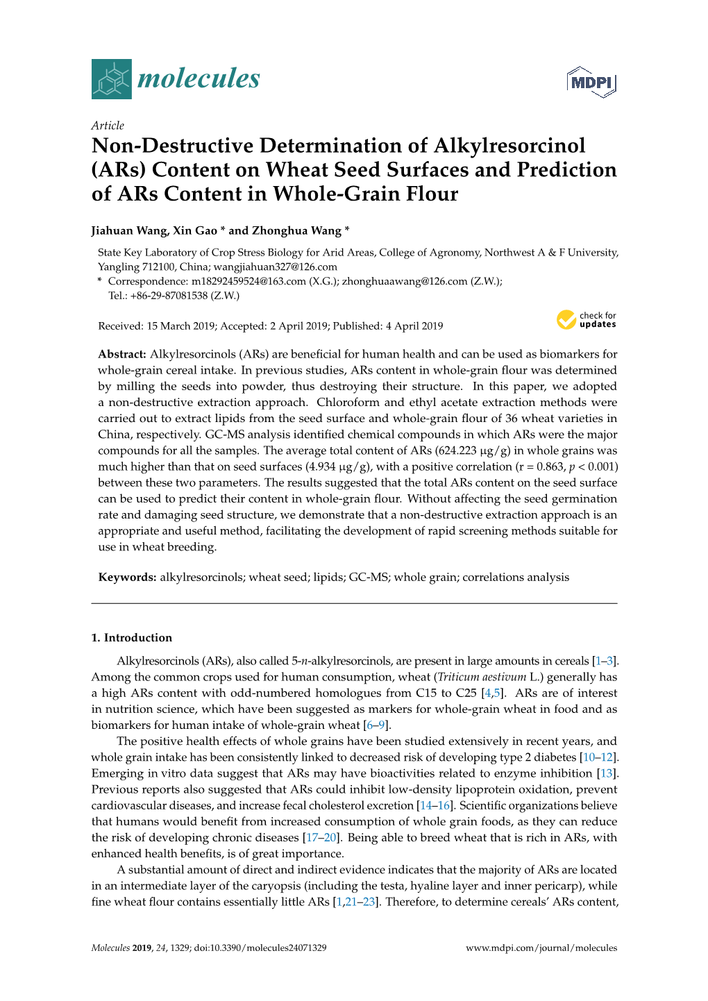 Non-Destructive Determination of Alkylresorcinol (Ars) Content on Wheat Seed Surfaces and Prediction of Ars Content in Whole-Grain Flour