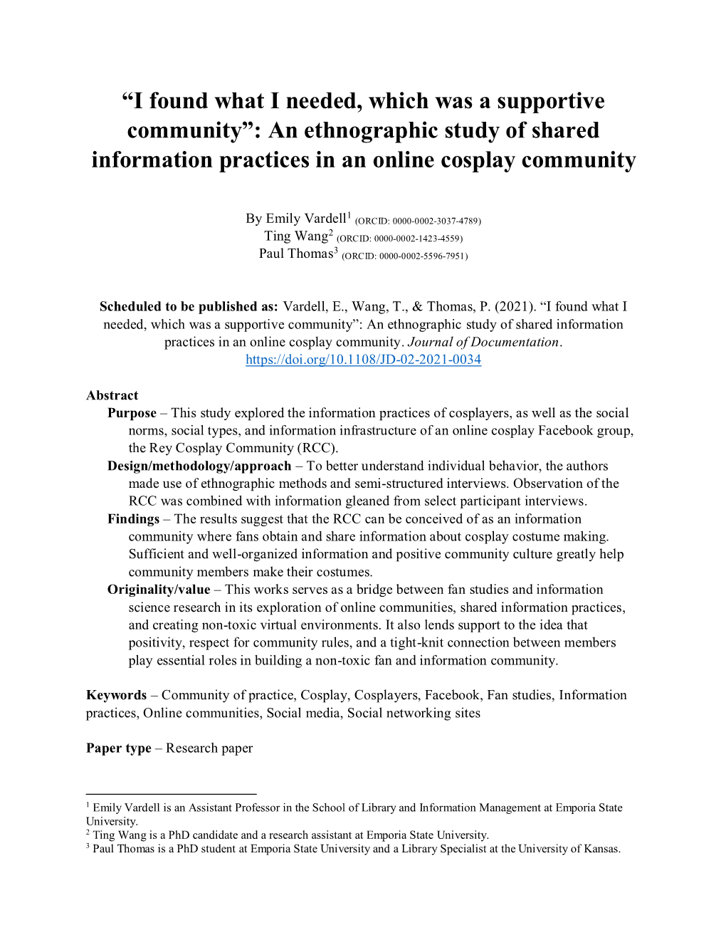 An Ethnographic Study of Shared Information Practices in an Online Cosplay Community