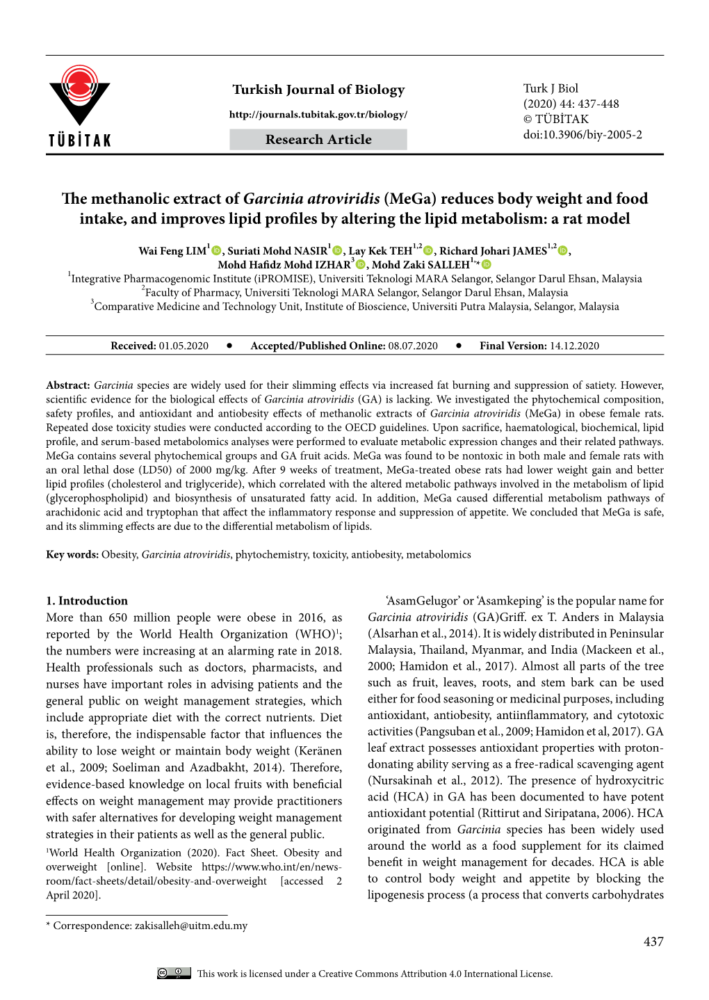 The Methanolic Extract of Garcinia Atroviridis (Mega) Reduces Body Weight and Food Intake, and Improves Lipid Profiles by Altering the Lipid Metabolism: a Rat Model