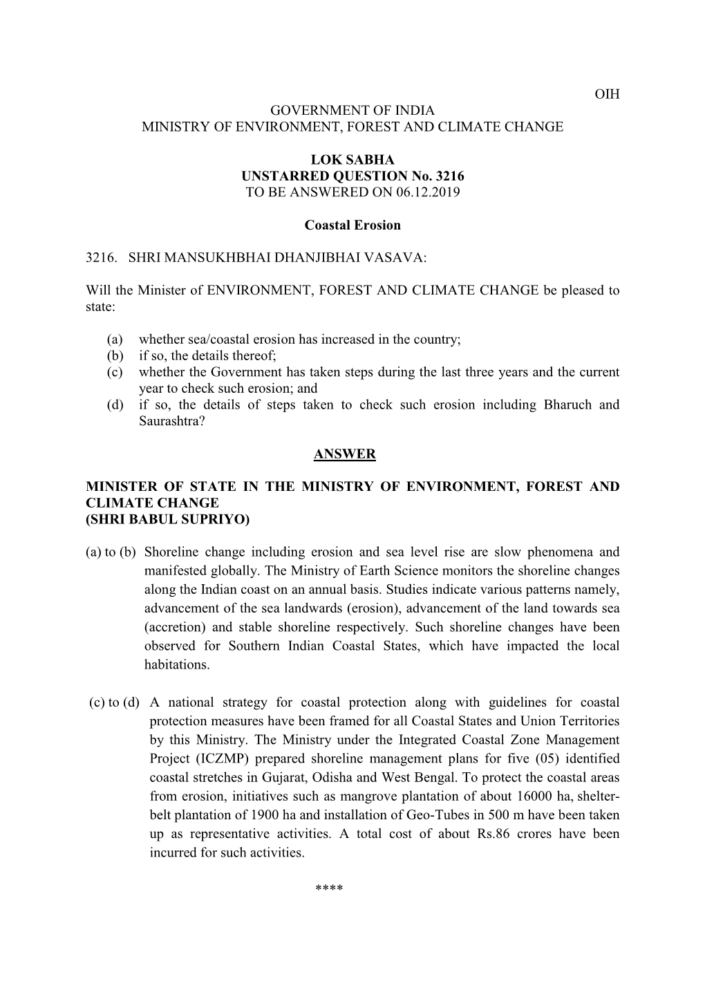 Oih Government of India Ministry of Environment, Forest and Climate Change