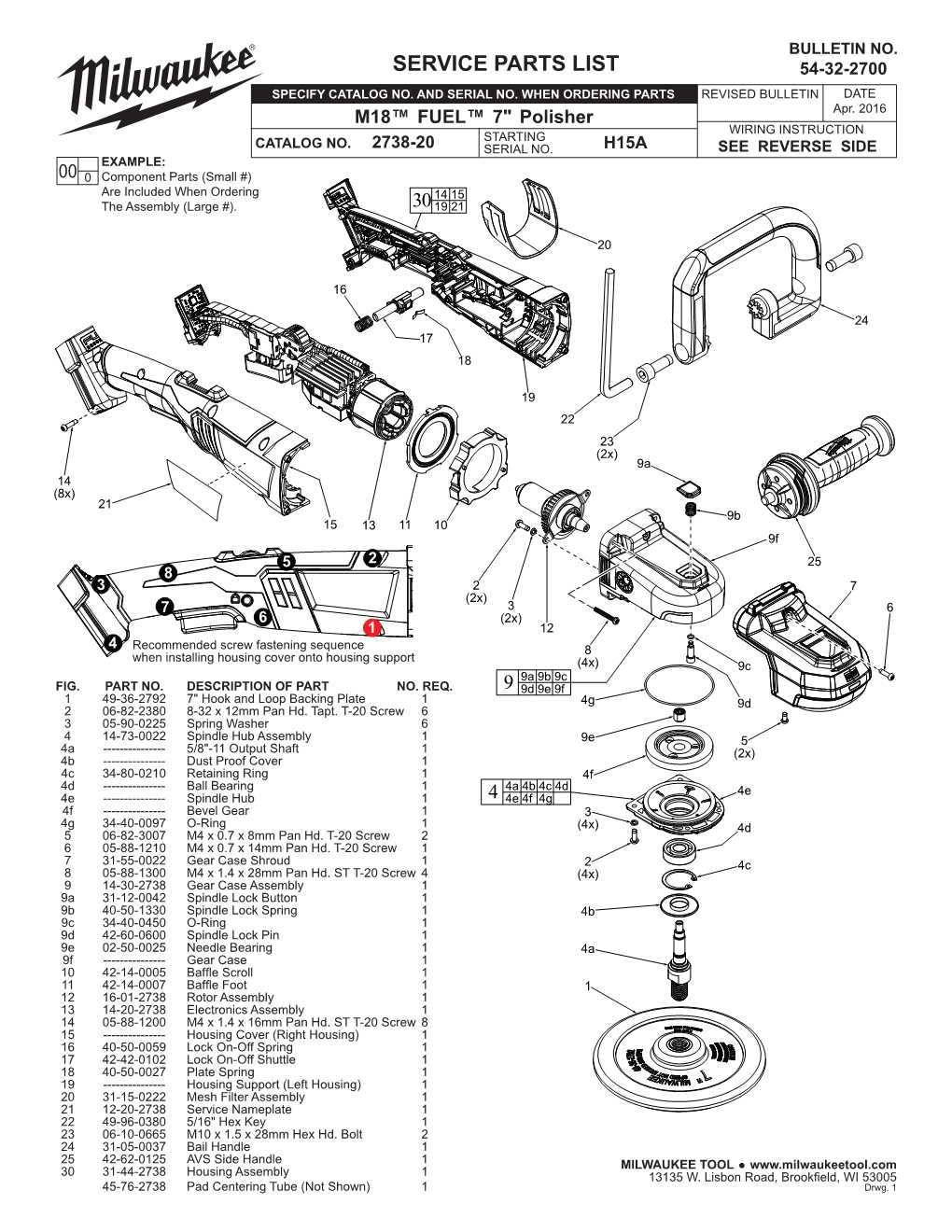 Service Parts List 54-32-2700 Specify Catalog No