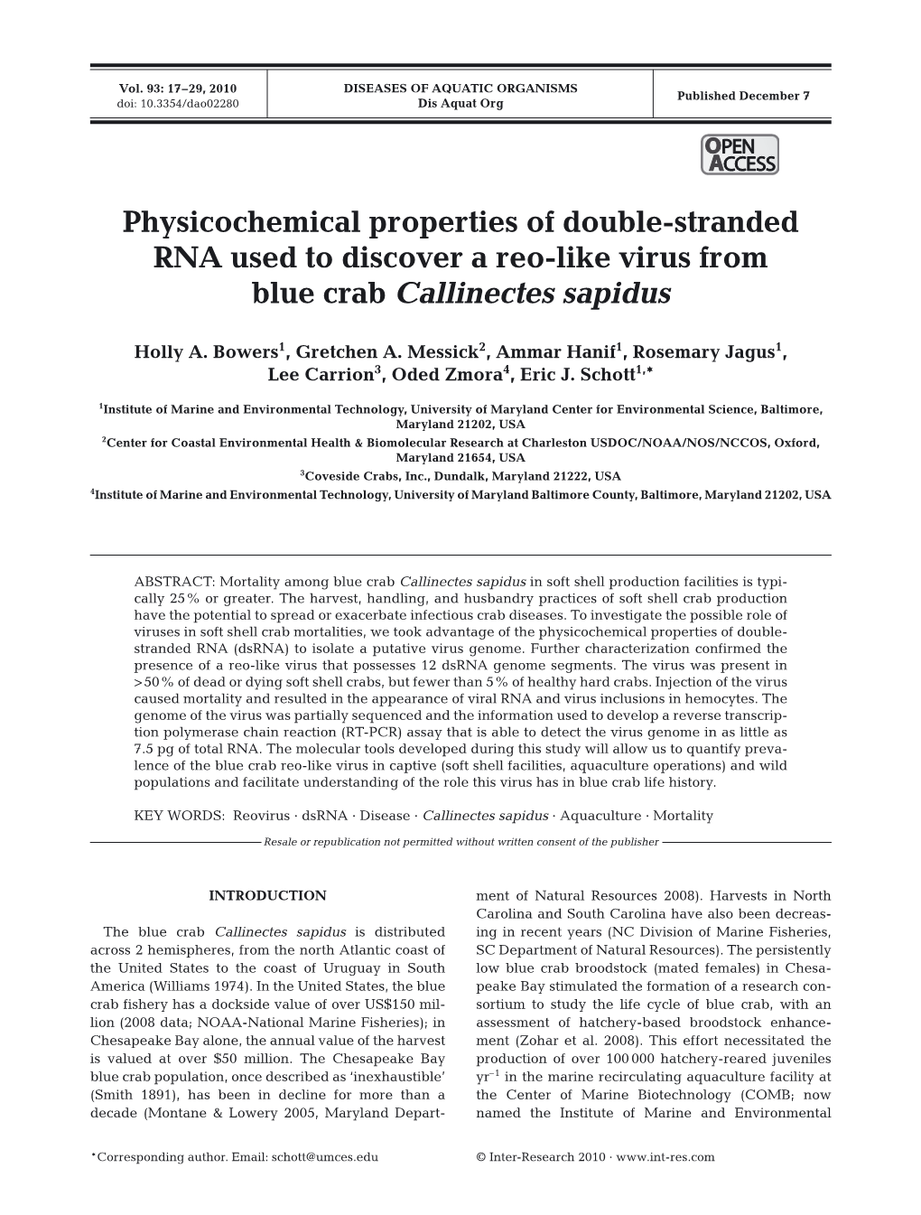 Physicochemical Properties of Double-Stranded RNA Used to Discover a Reo-Like Virus from Blue Crab Callinectes Sapidus