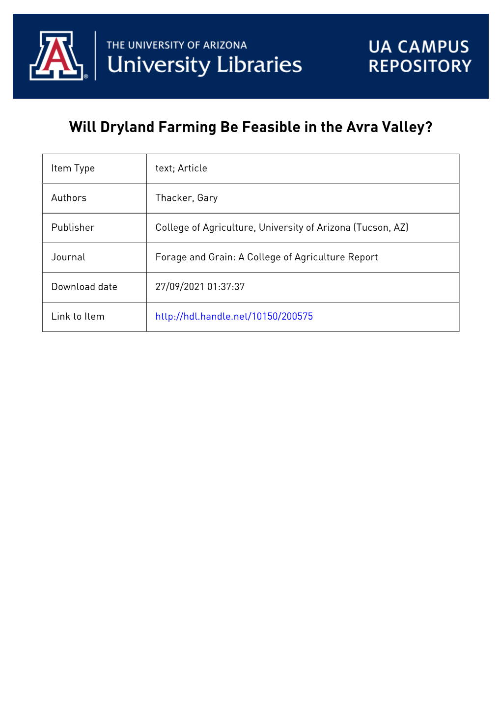 Will Dryland Farming Be Feasible in the Avra Valley?