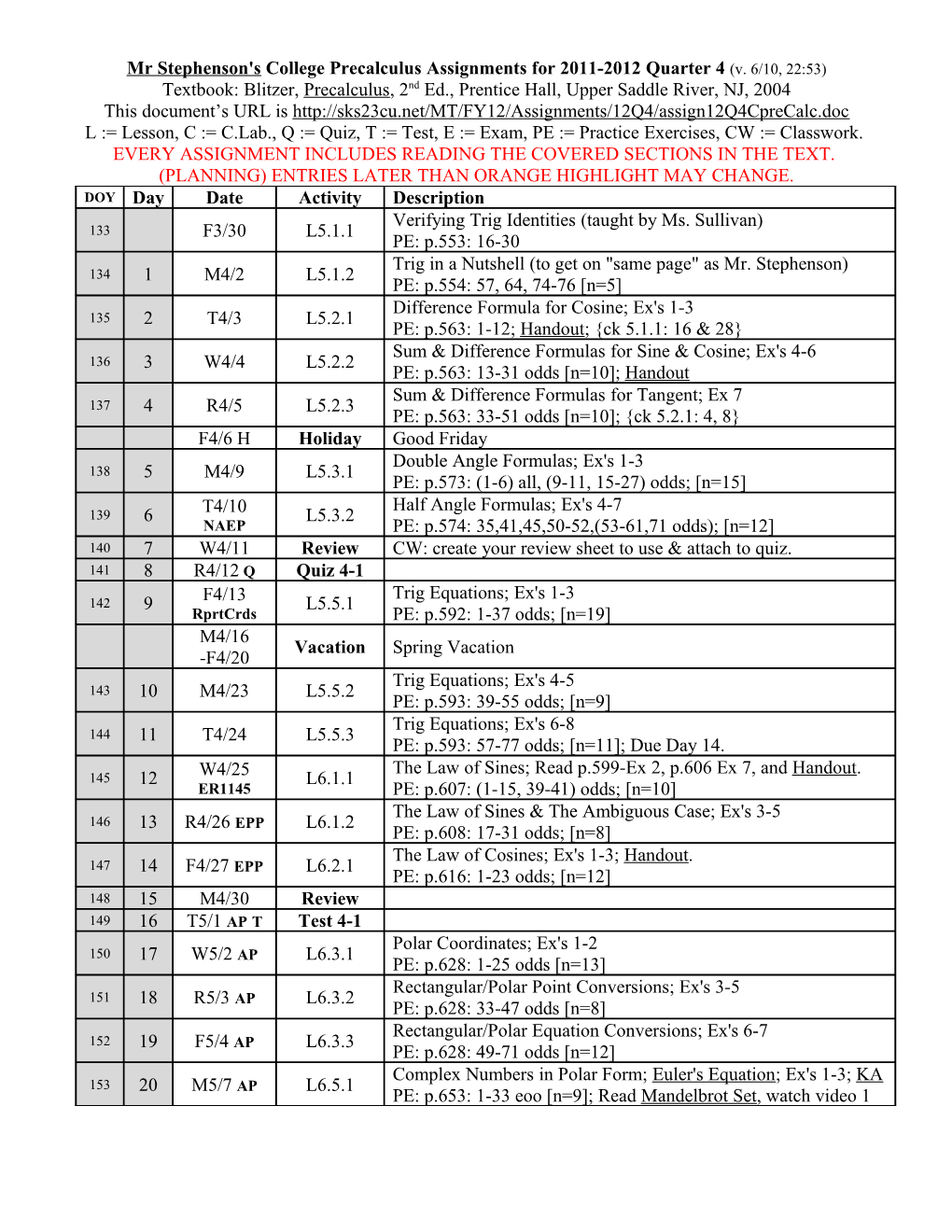 Mr Stephenson's College Precalculus Assignments for 2011-2012 Quarter 4 (V. 6/10, 10:53)