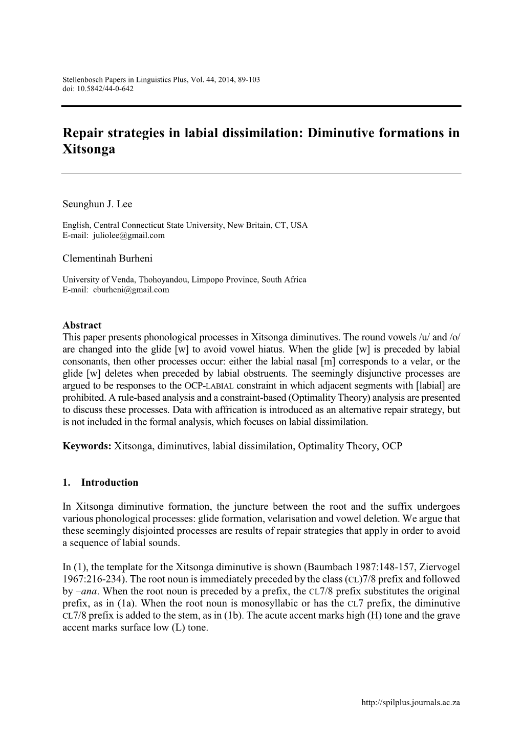 Repair Strategies in Labial Dissimilation: Diminutive Formations in Xitsonga