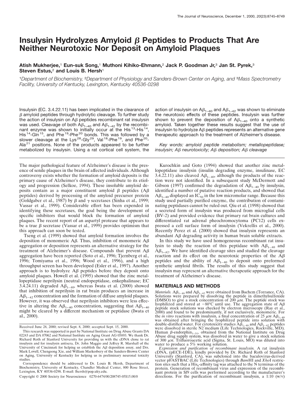 Insulysin Hydrolyzes Amyloid Β Peptides to Products That Are Neither Neurotoxic Nor Deposit on Amyloid Plaques