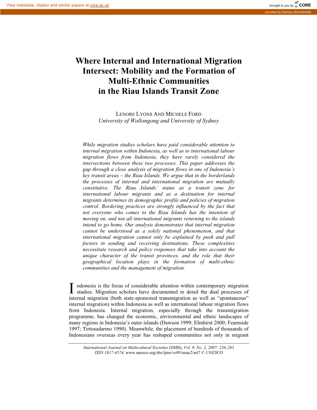 Where Internal and International Migration Intersect: Mobility and the Formation of Multi-Ethnic Communities in the Riau Islands Transit Zone