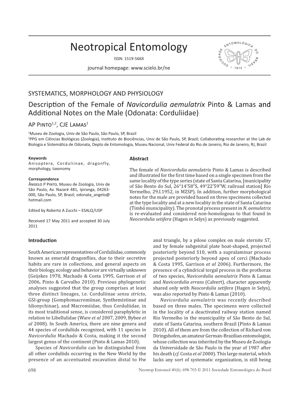 Description of the Female of Navicordulia Aemulatrix Pinto