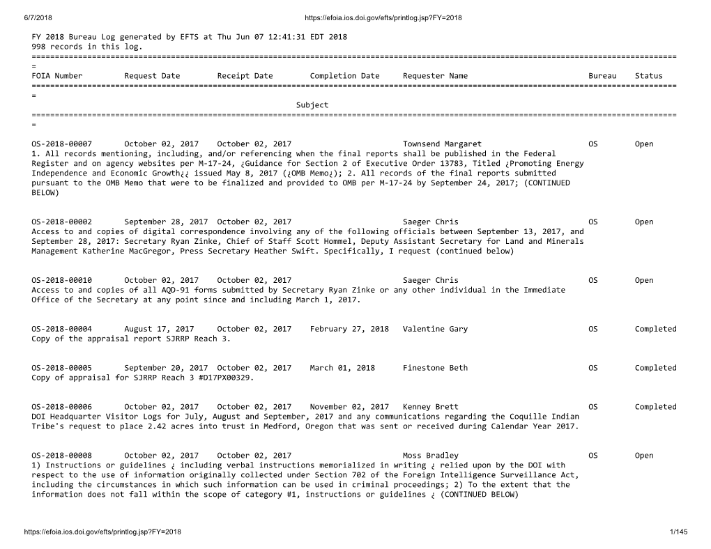 FY 2018 Bureau Log Generated by EFTS at Thu Jun 07 12:41:31 EDT 2018 998 Records in This Log