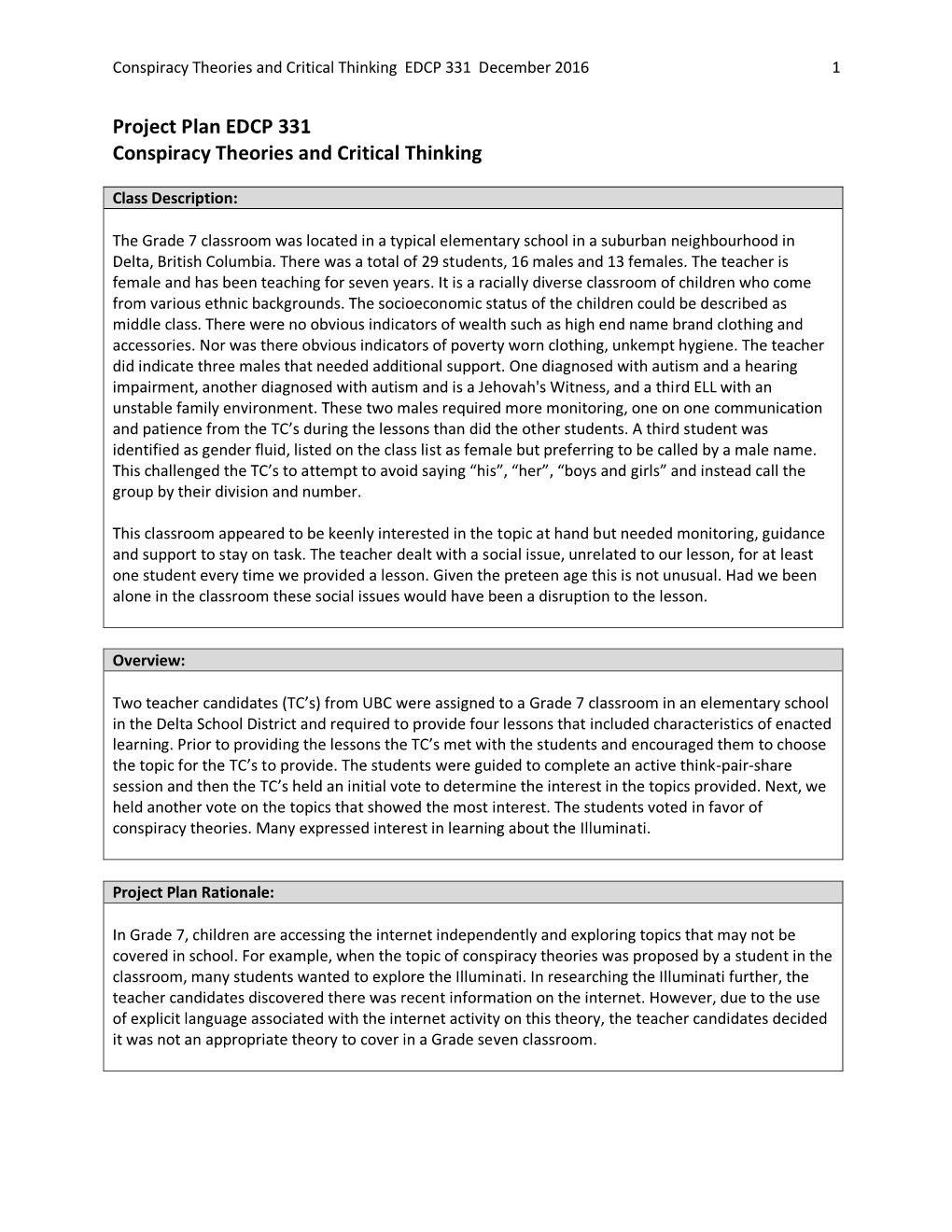 Project Plan EDCP 331 Conspiracy Theories and Critical Thinking