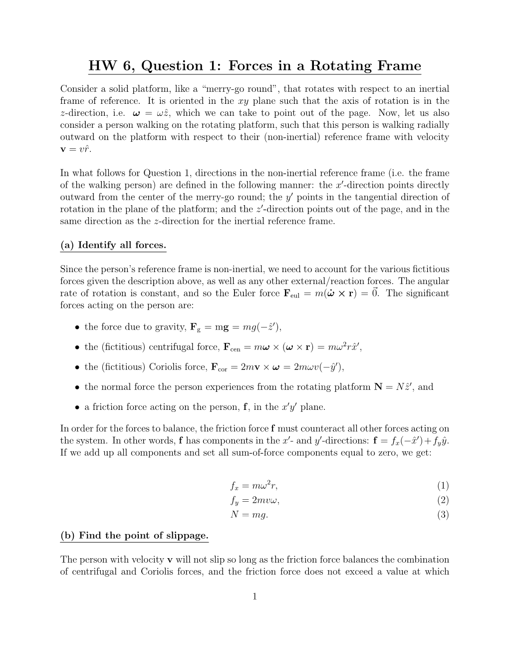 HW 6, Question 1: Forces in a Rotating Frame