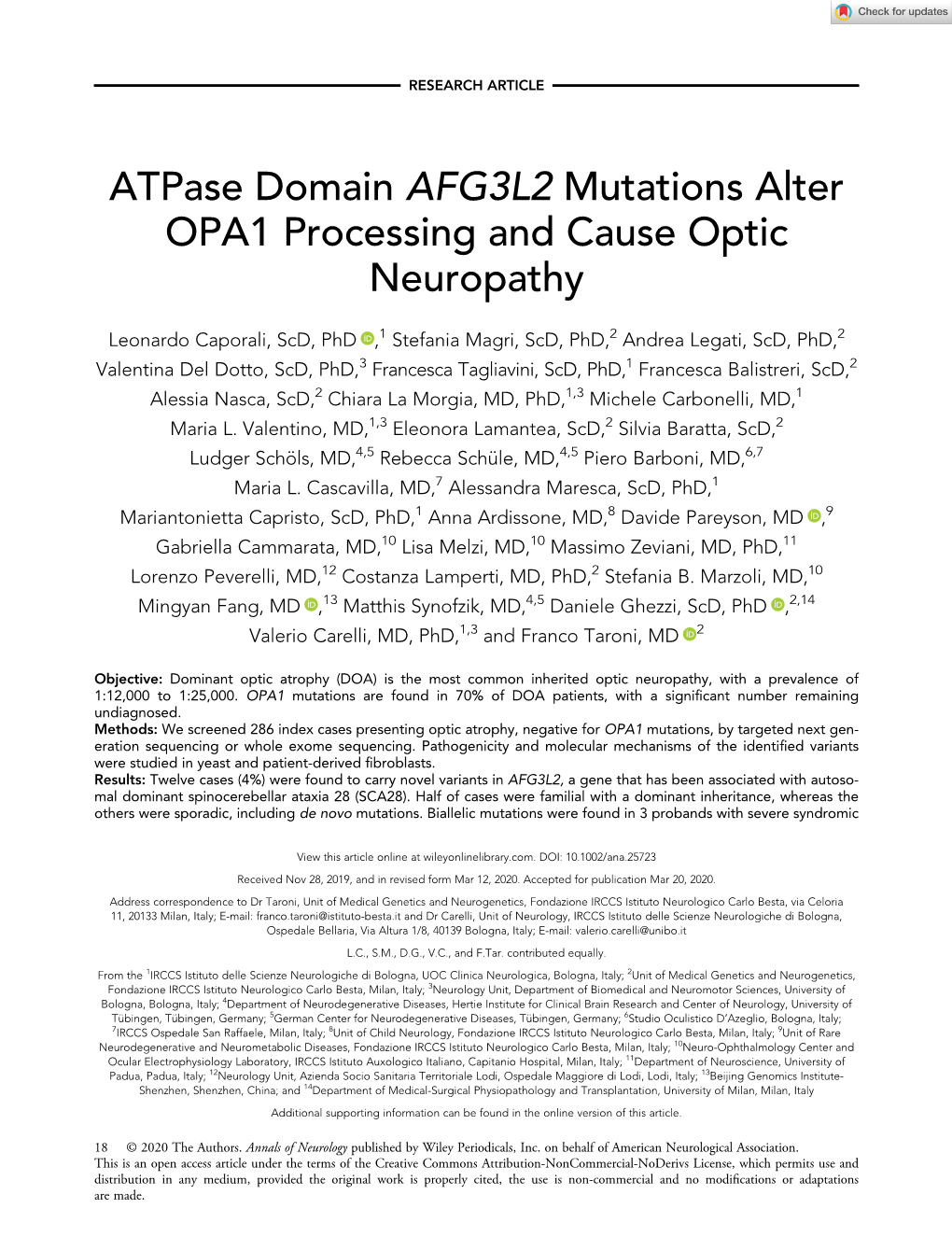 Atpase Domain AFG3L2 Mutations Alter OPA1 Processing and Cause Optic Neuropathy