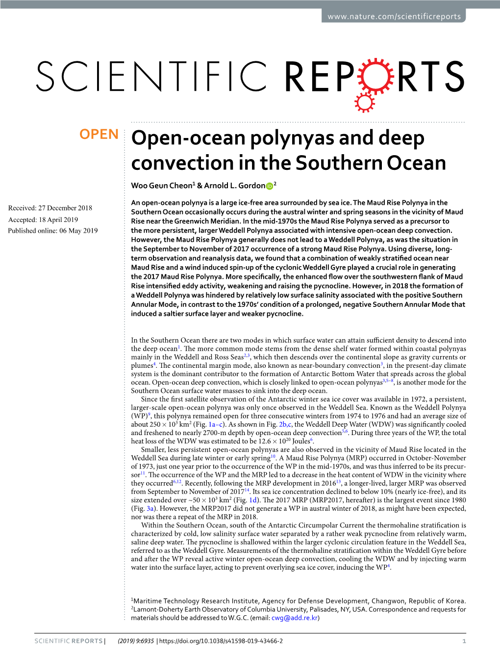 Open-Ocean Polynyas and Deep Convection in the Southern Ocean Woo Geun Cheon1 & Arnold L