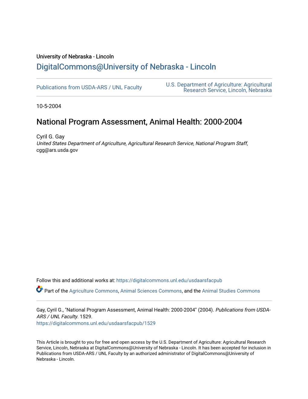 National Program Assessment, Animal Health: 2000-2004