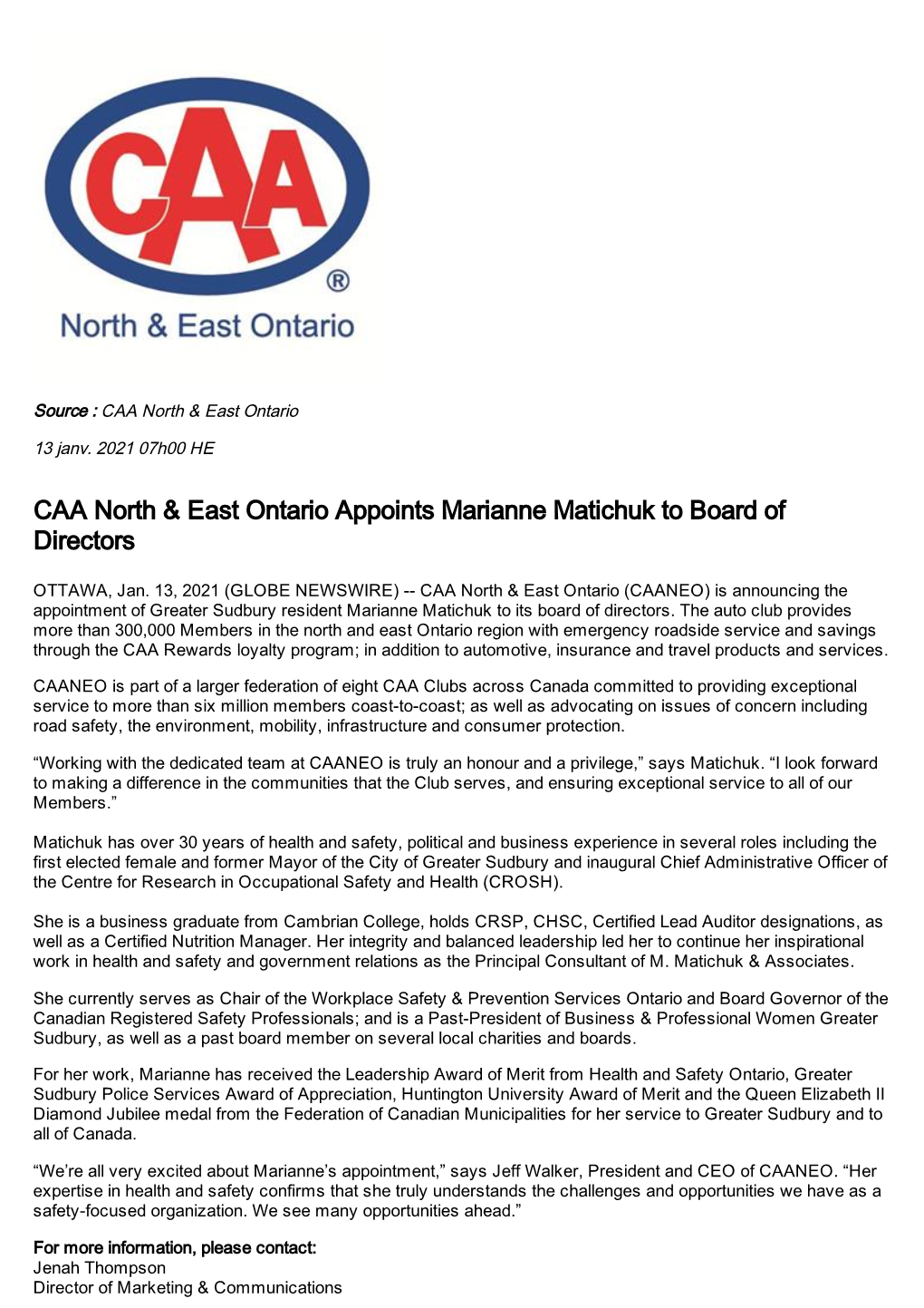 CAA North & East Ontario Appoints Marianne Matichuk to Board Of