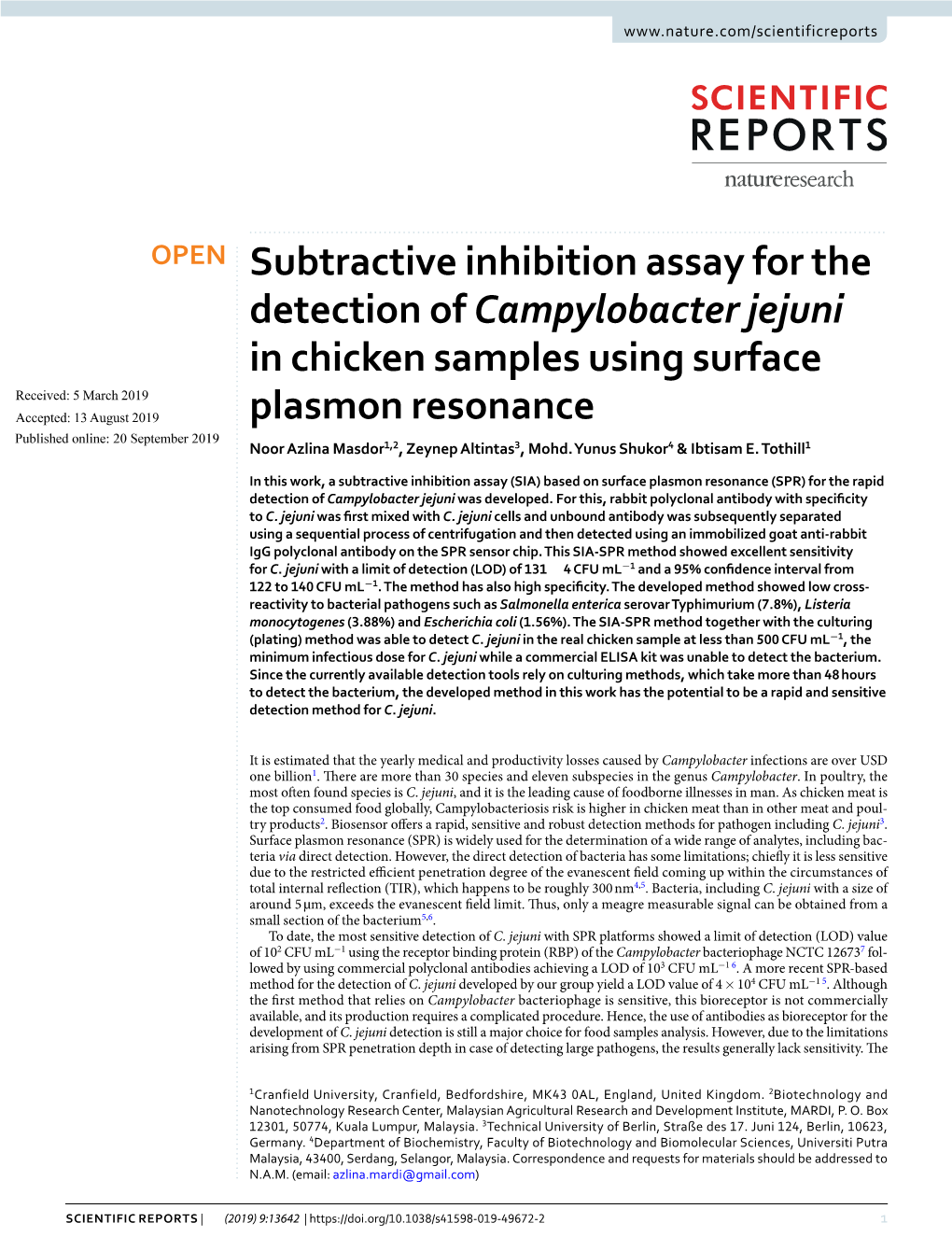 Subtractive Inhibition Assay for the Detection of Campylobacter Jejuni In