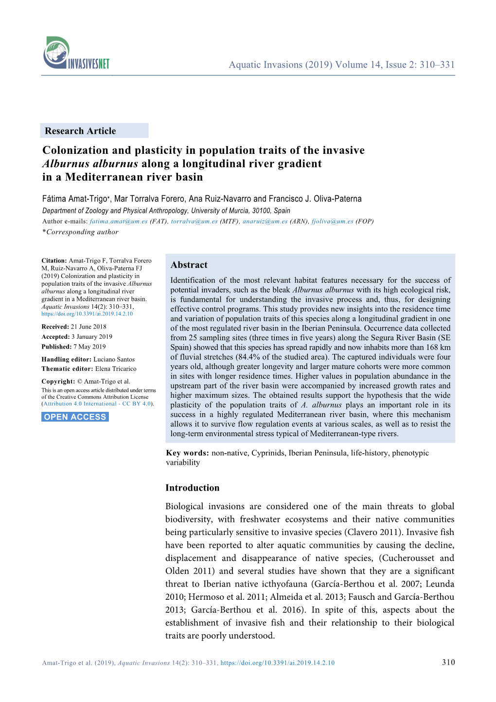 Colonization and Plasticity in Population Traits of the Invasive Alburnus Alburnus Along a Longitudinal River Gradient in a Mediterranean River Basin