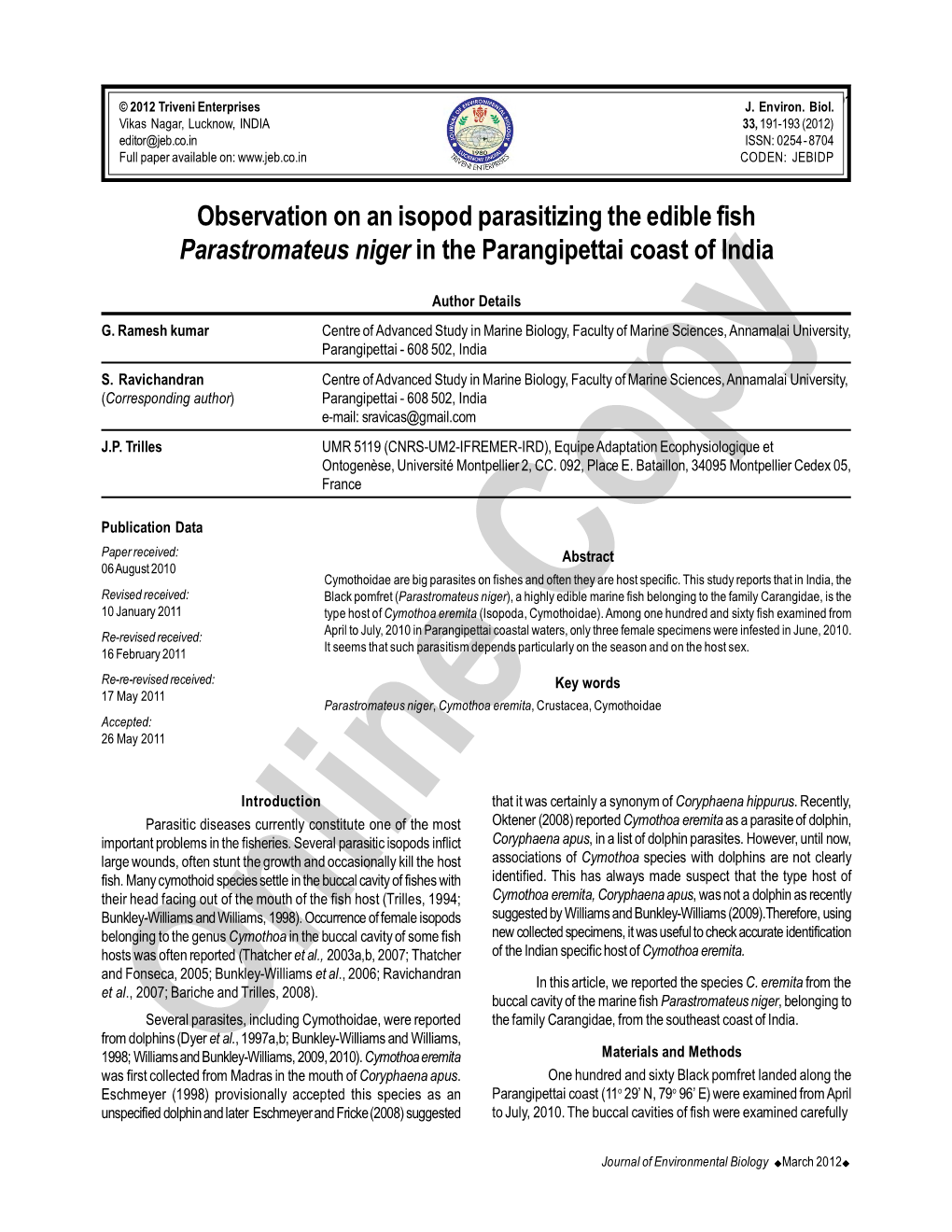 Observation on an Isopod Parasitizing the Edible Fish Parastromateus Niger in the Parangipettai Coast of India