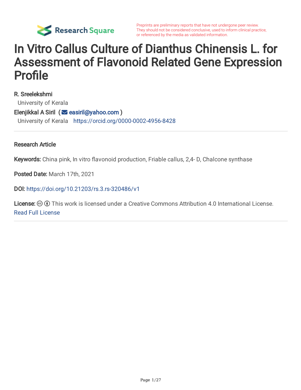 In Vitro Callus Culture of Dianthus Chinensis L. for Assessment of Flavonoid Related Gene Expression Pro Le