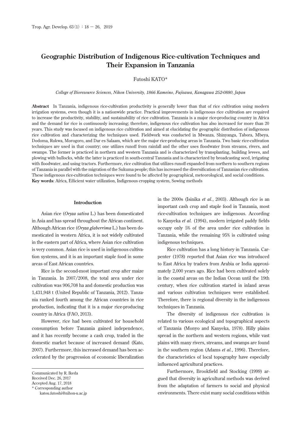 Geographic Distribution of Indigenous Rice-Cultivation Techniques and Their Expansion in Tanzania
