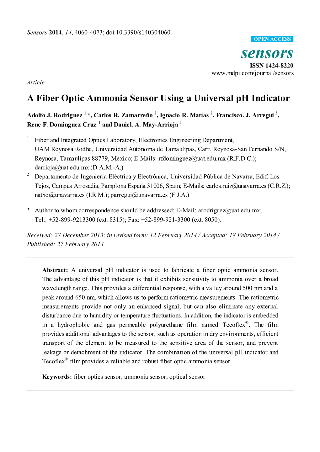 A Fiber Optic Ammonia Sensor Using a Universal Ph Indicator