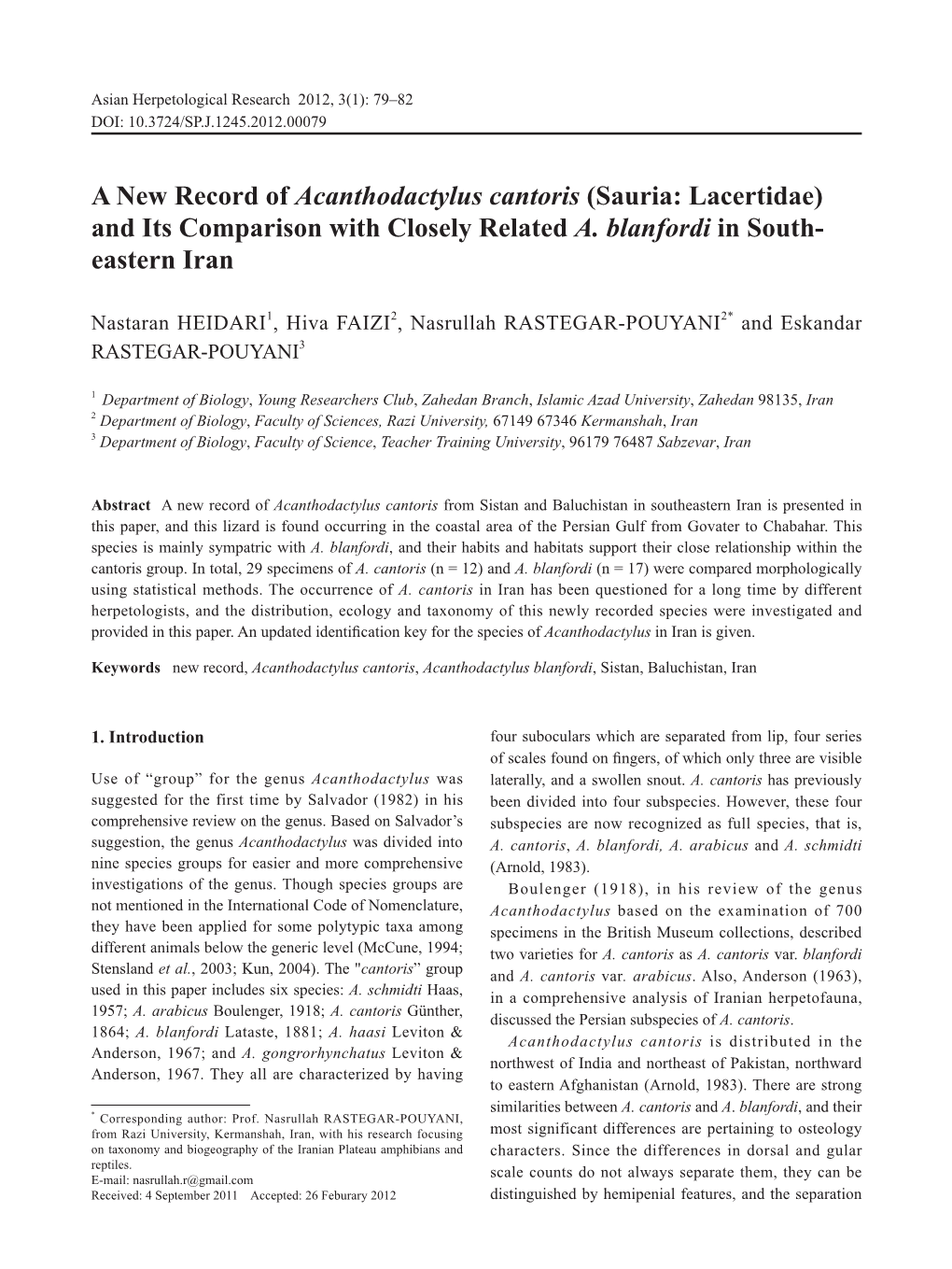 A New Record of Acanthodactylus Cantoris (Sauria: Lacertidae) and Its Comparison with Closely Related A
