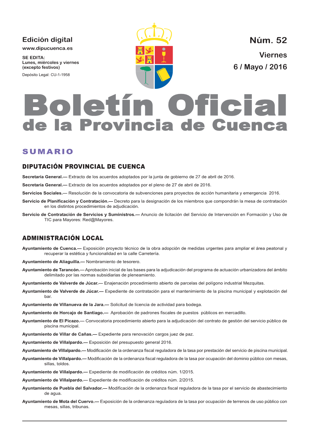 Boletín Oficial De La Provincia De Cuenca Sumario Diputación Provincial De Cuenca