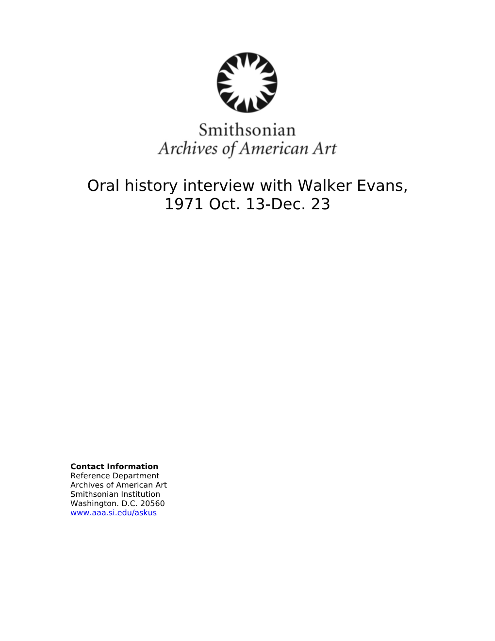 Oral History Interview with Walker Evans, 1971 Oct. 13-Dec. 23