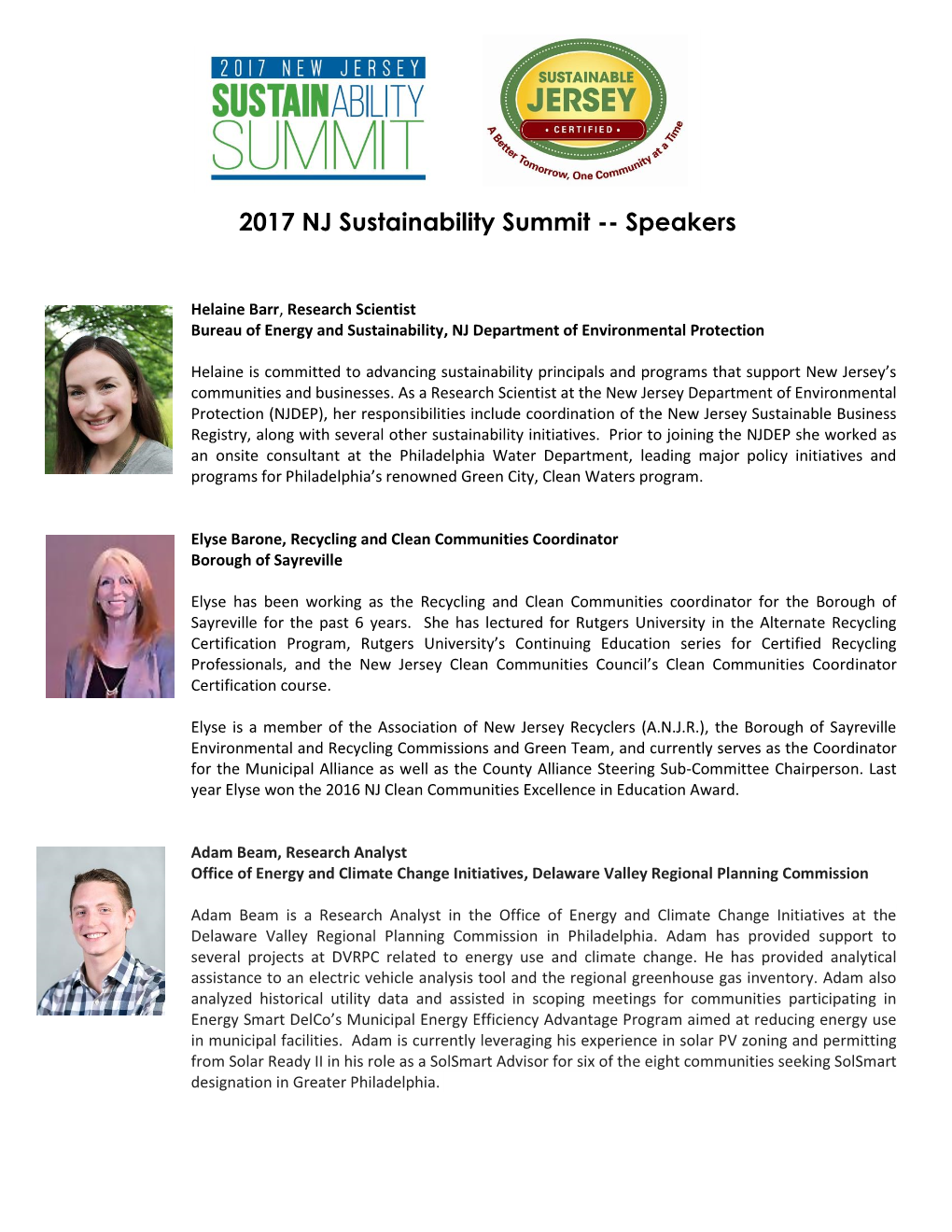2017 NJ Sustainability Summit -- Speakers