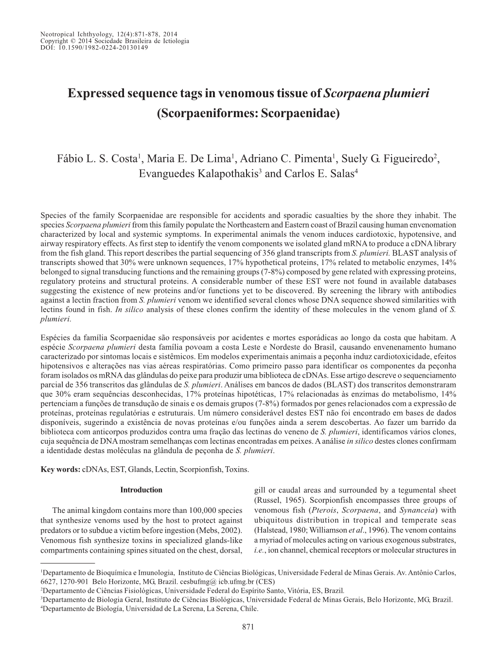 Expressed Sequence Tags in Venomous Tissue of Scorpaena Plumieri (Scorpaeniformes: Scorpaenidae)