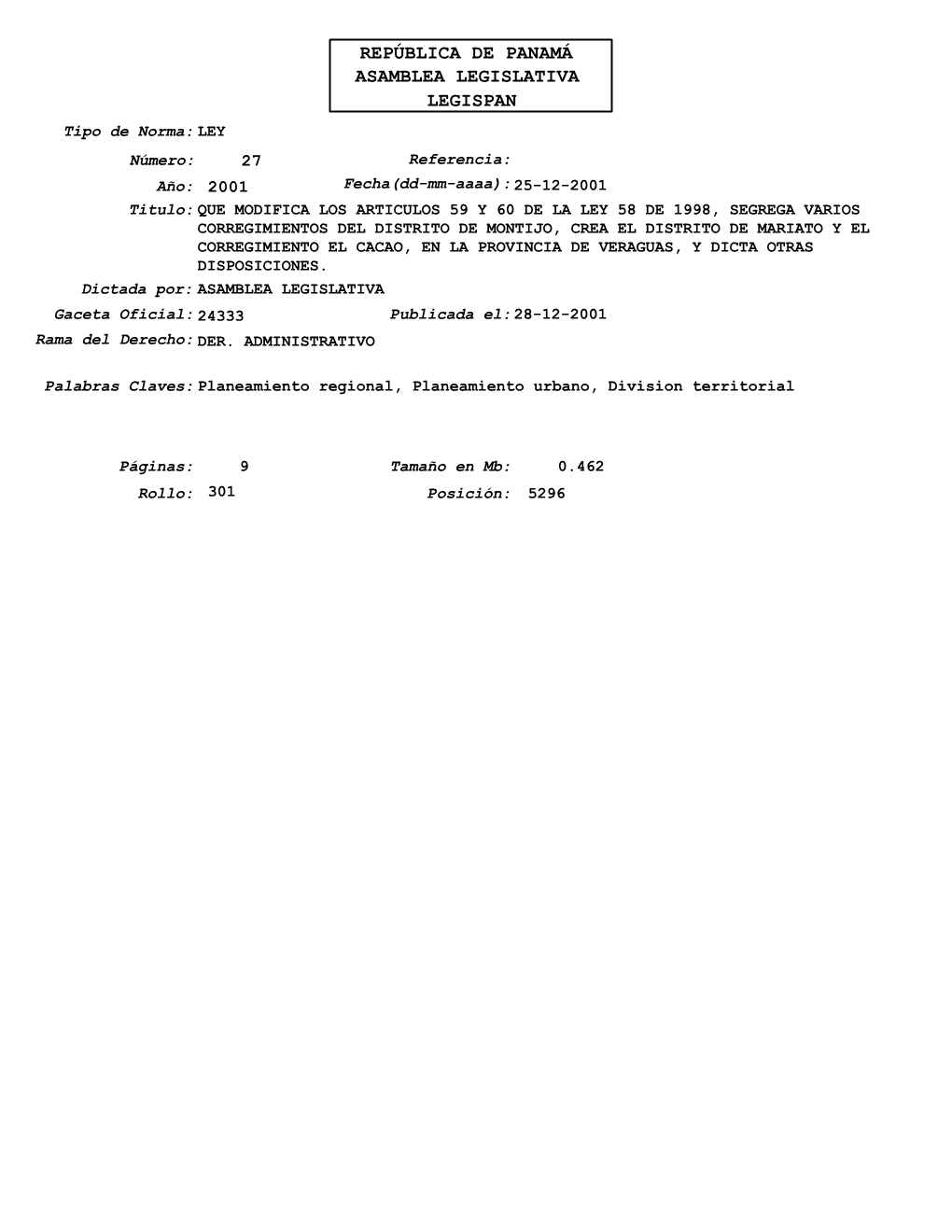 LEY No.27 DE 25-12-2001 QUE MODIFICA LOS ARTICULOS 59 Y