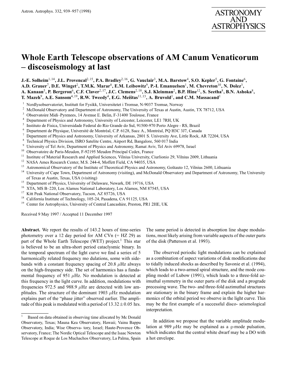 Whole Earth Telescope Observations of AM Canum Venaticorum – Discoseismology at Last